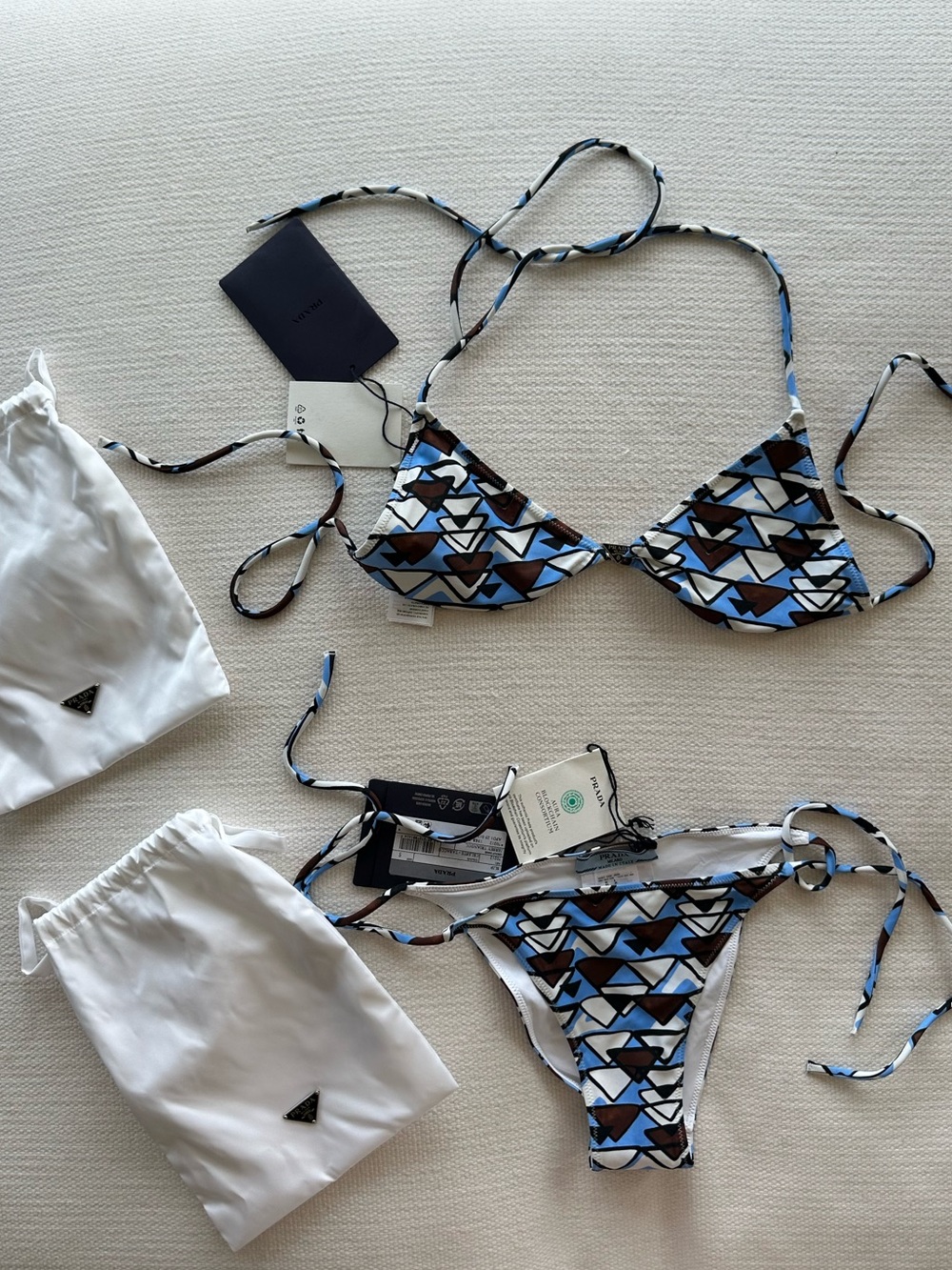 NWT Prada String Bikini Blue, Brown, Black & White Geometric Triangle, Small